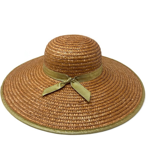 Vintage Wide Brim Straw Hat | Metallic Gold Ribbon Trim Sun Hat | Boho Resort - Picture 2 of 9